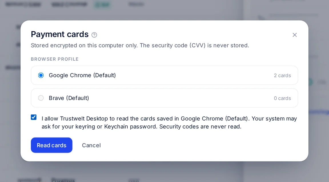 Choosing the Google Chrome profile, which holds two cards, and ticking the permission to read its cards. Security codes are never read.