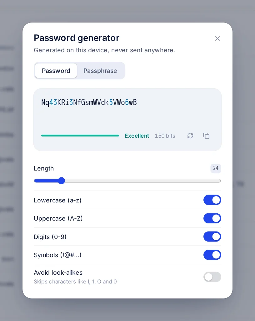 The password generator showing a 24-character password rated excellent at 150 bits, with options for character sets.