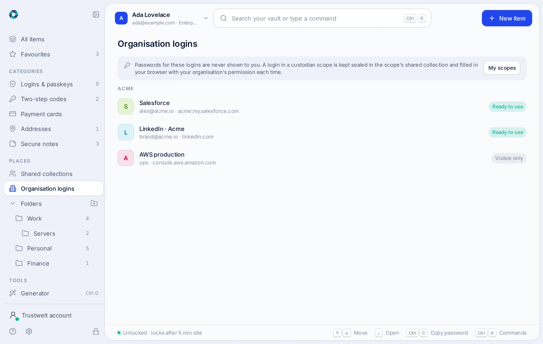 Organisation logins in Trustwelt Desktop: Salesforce and LinkedIn ready to use, AWS production visible only; no password is shown.