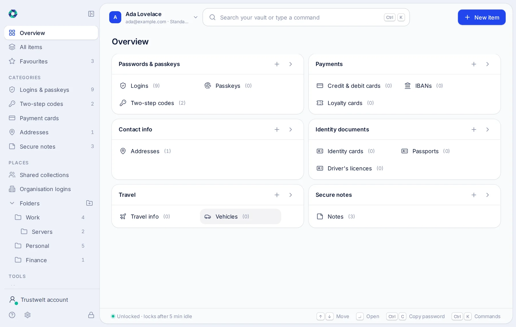 The Trustwelt Desktop overview: logins and passkeys, payments, contact info, identity documents, travel and notes, each with its count, beside a labelled sidebar.