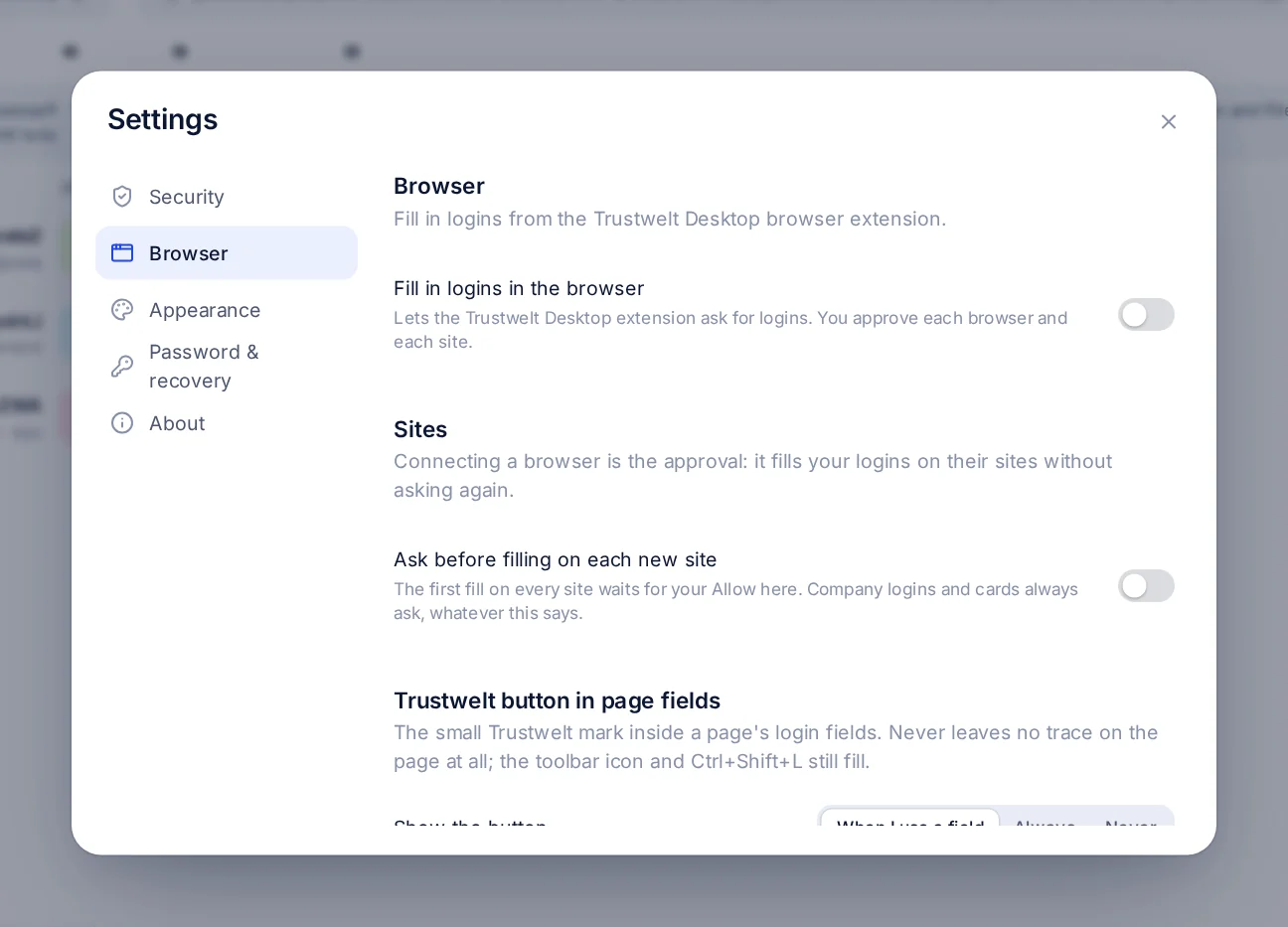 Trustwelt Desktop settings: auto-lock, clipboard clearing, the browser integration switch, and the Secret Key section.