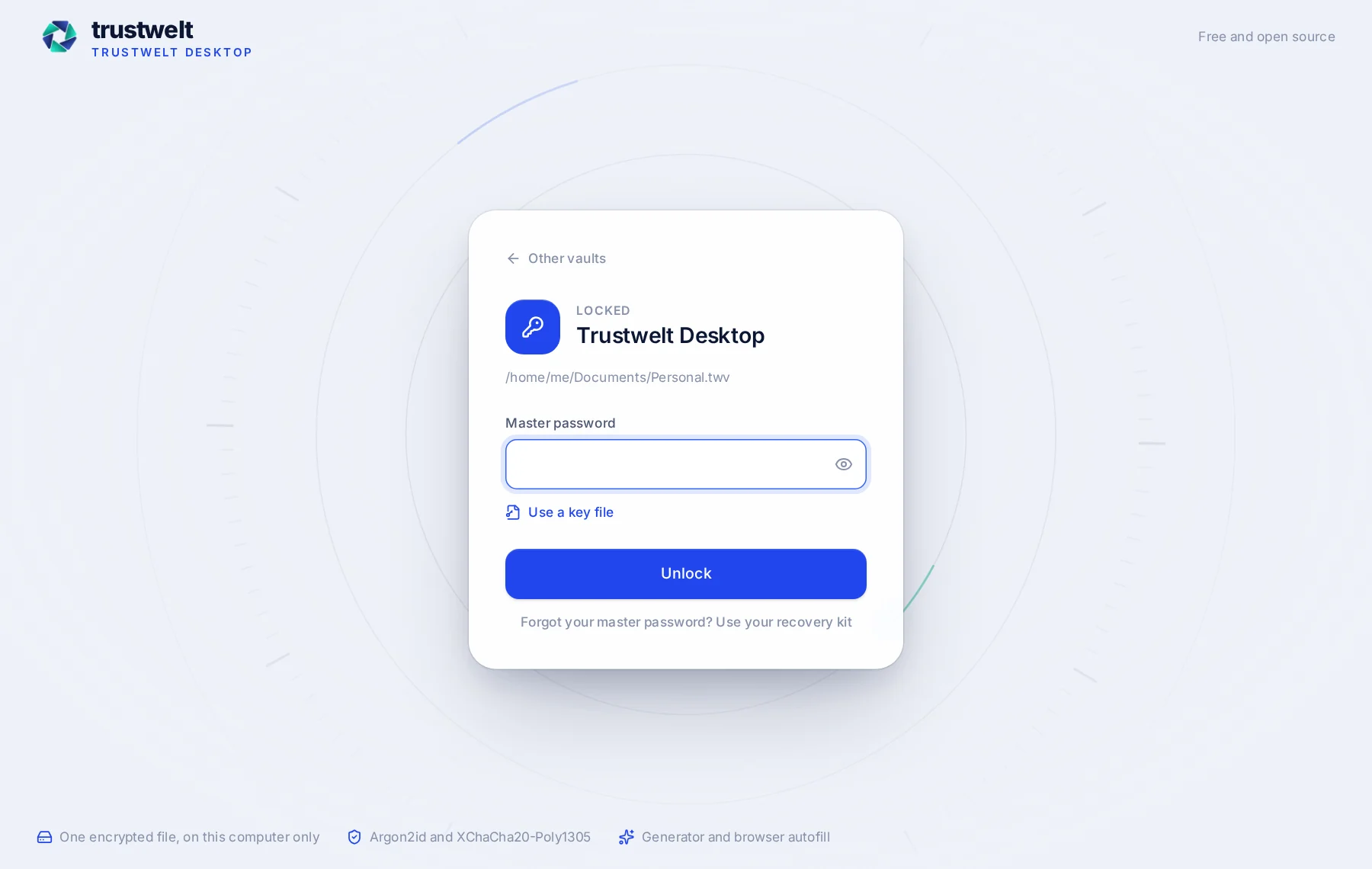 The Trustwelt Desktop unlock screen for the vault named Personal, with the master password field, an option to use a key file and a link to the recovery kit.