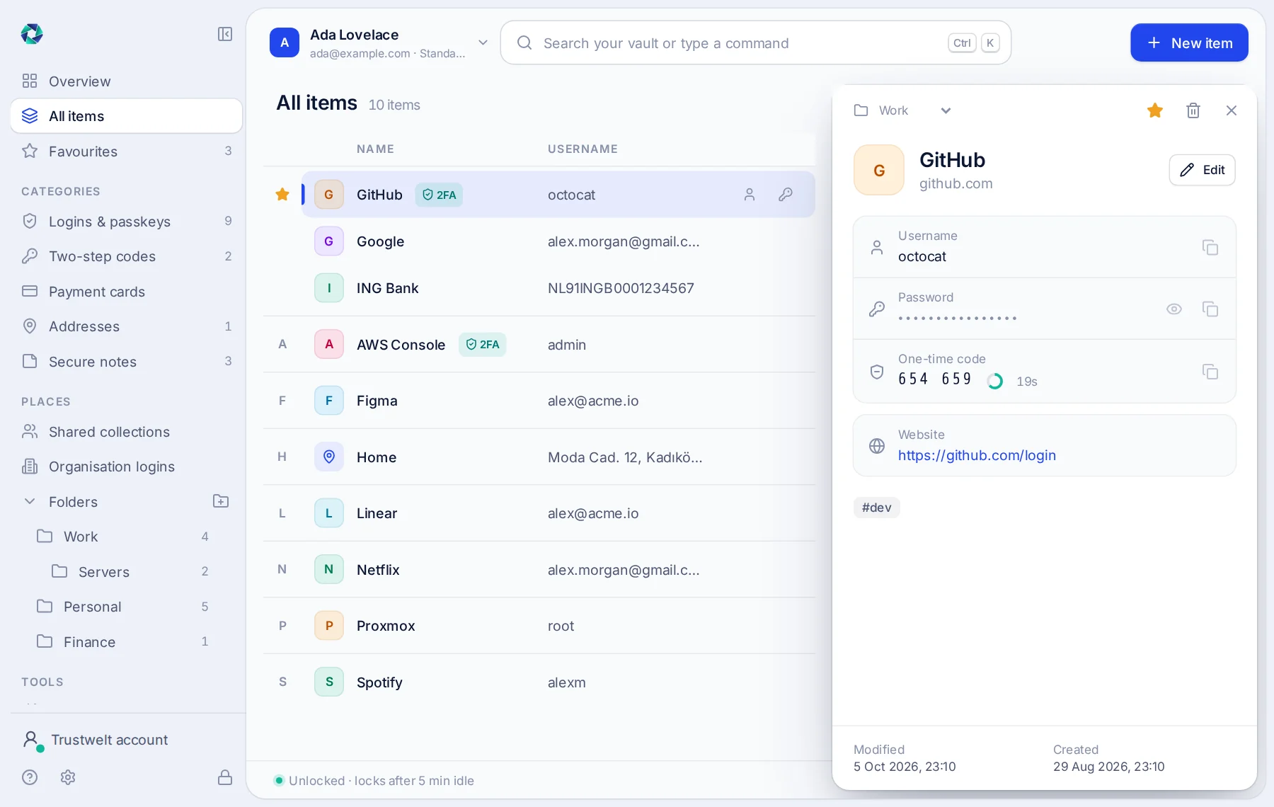 The Trustwelt Desktop window with a list of logins and one open.