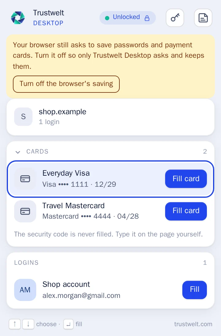 The Trustwelt Desktop browser extension on a checkout page, offering a saved login and two cards to fill, with a notice that the browser still saves passwords and cards itself.