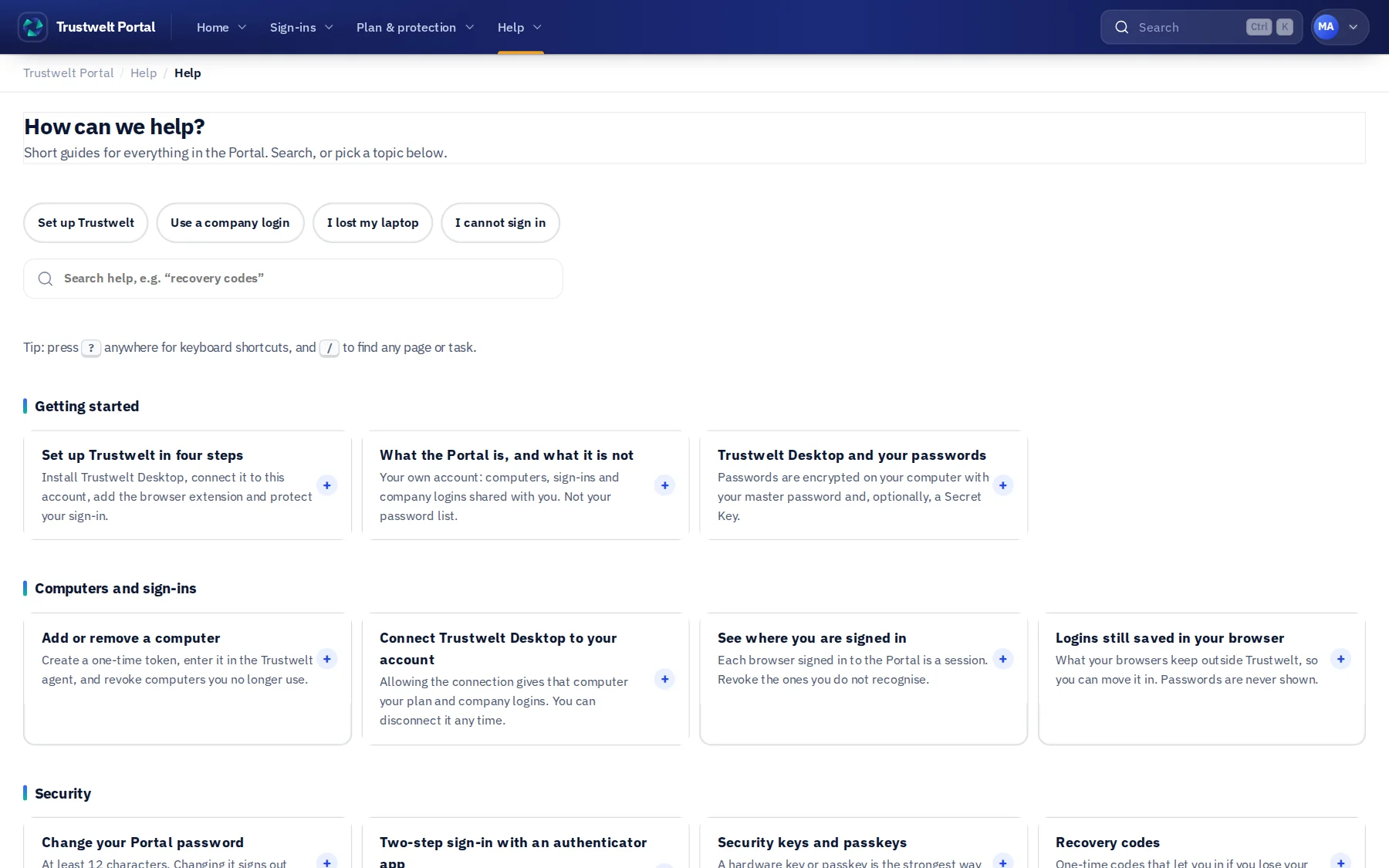 The Portal help centre: a search box, popular topics, and grouped guides for getting started, computers and sign-ins, security and company logins.