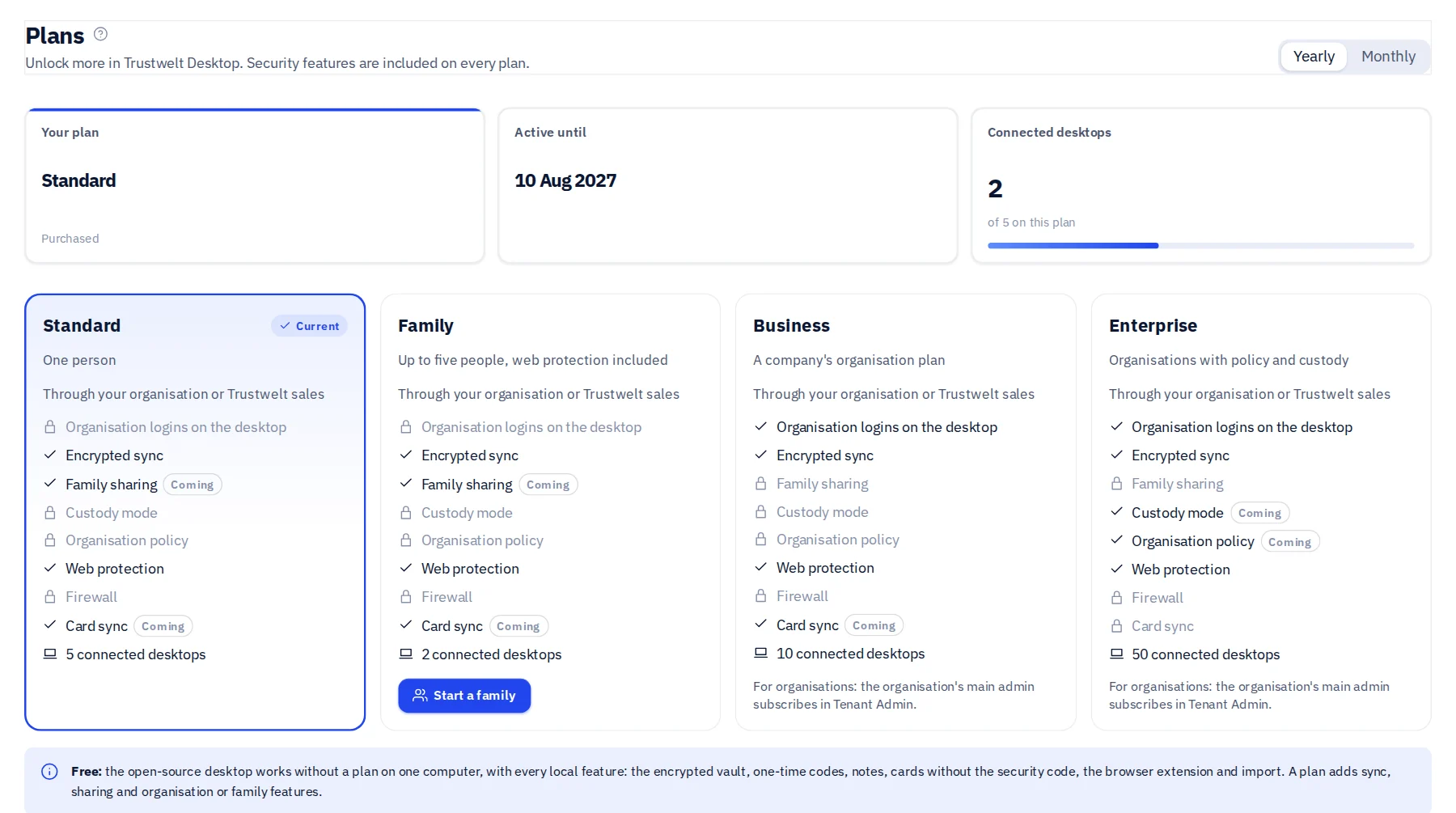 The Plans page in the Portal: the current plan and its end date, connected desktops, and the Standard, Family, Business and Enterprise plans side by side.