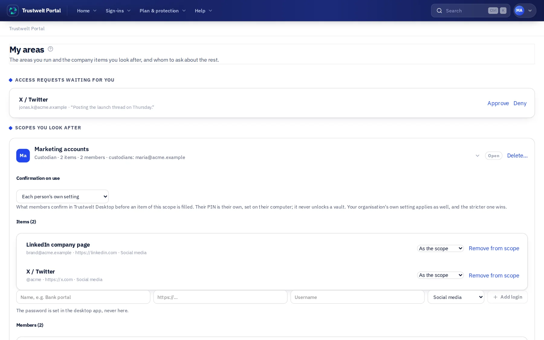 My scopes in the Portal: an access request waiting for the custodian's decision, the Marketing accounts scope with its two logins and members, and the sealed Finance cards scope.