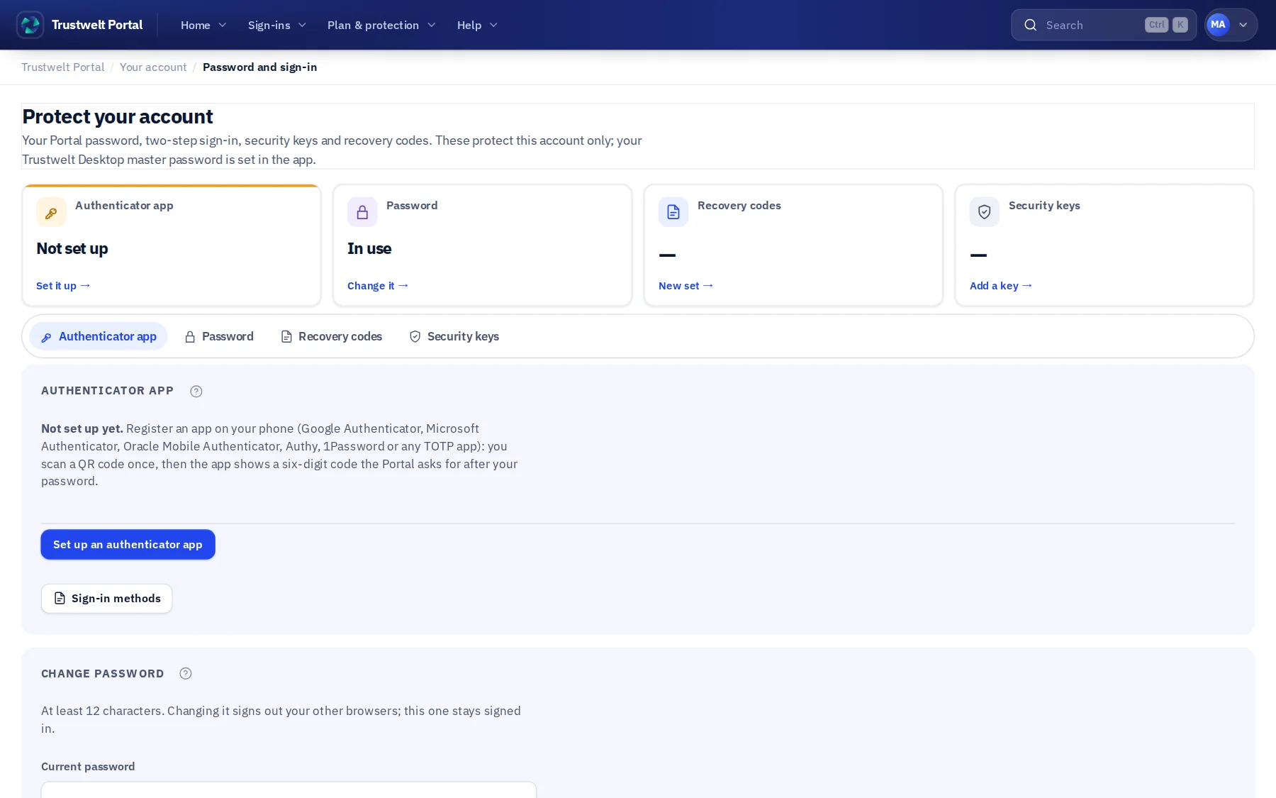 The Portal security page: two-step sign-in with an authenticator app, security keys and passkeys, recovery codes and the password change form.