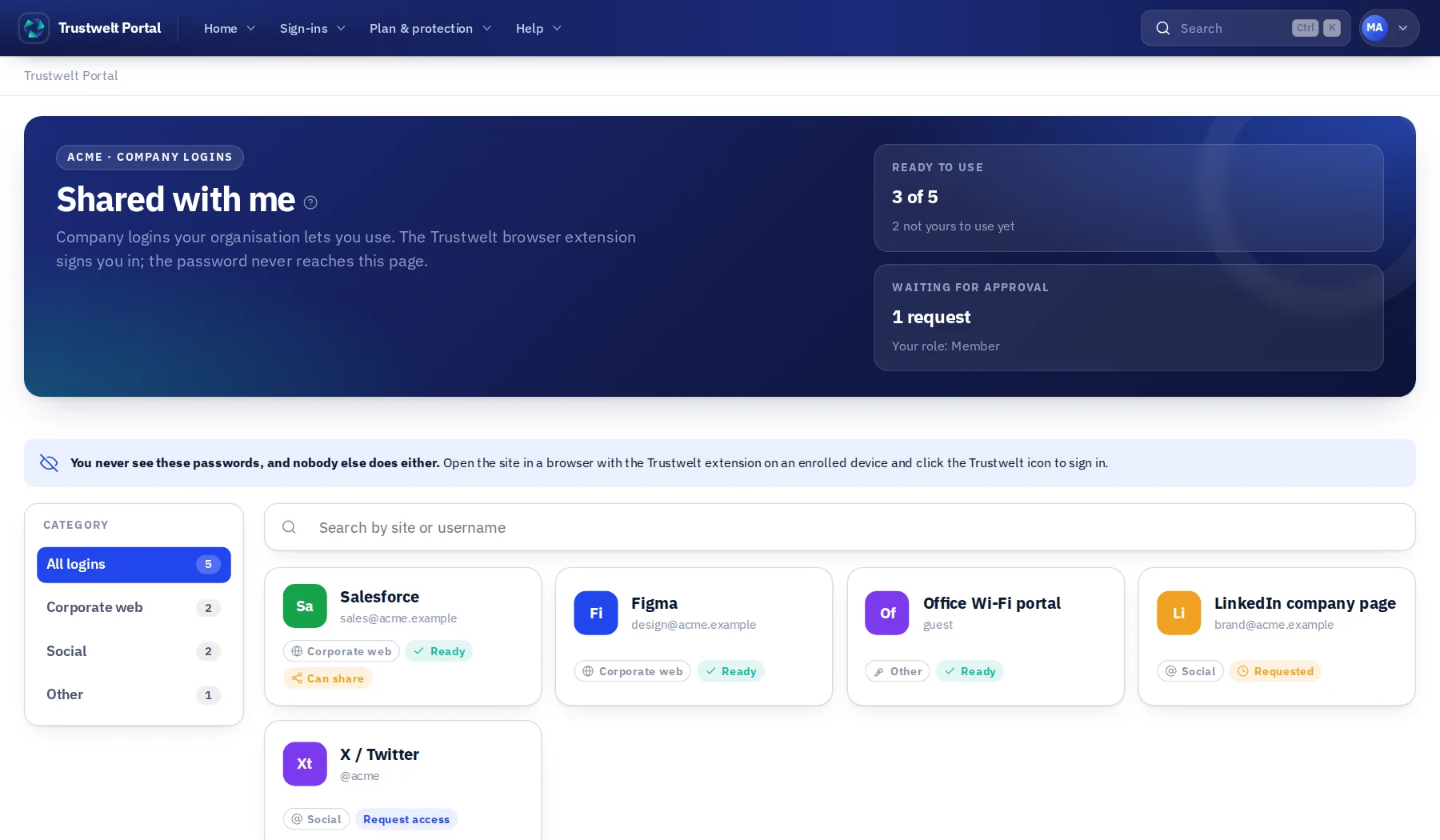 Shared with me: three company logins ready to use, one waiting for approval and one that can be requested, with the note that passwords are never shown.