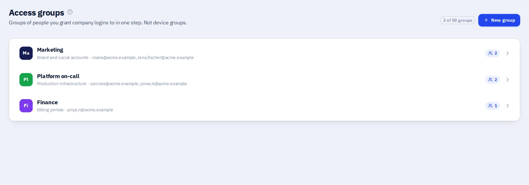 Access groups: Marketing, Platform on-call and Finance, with their members.