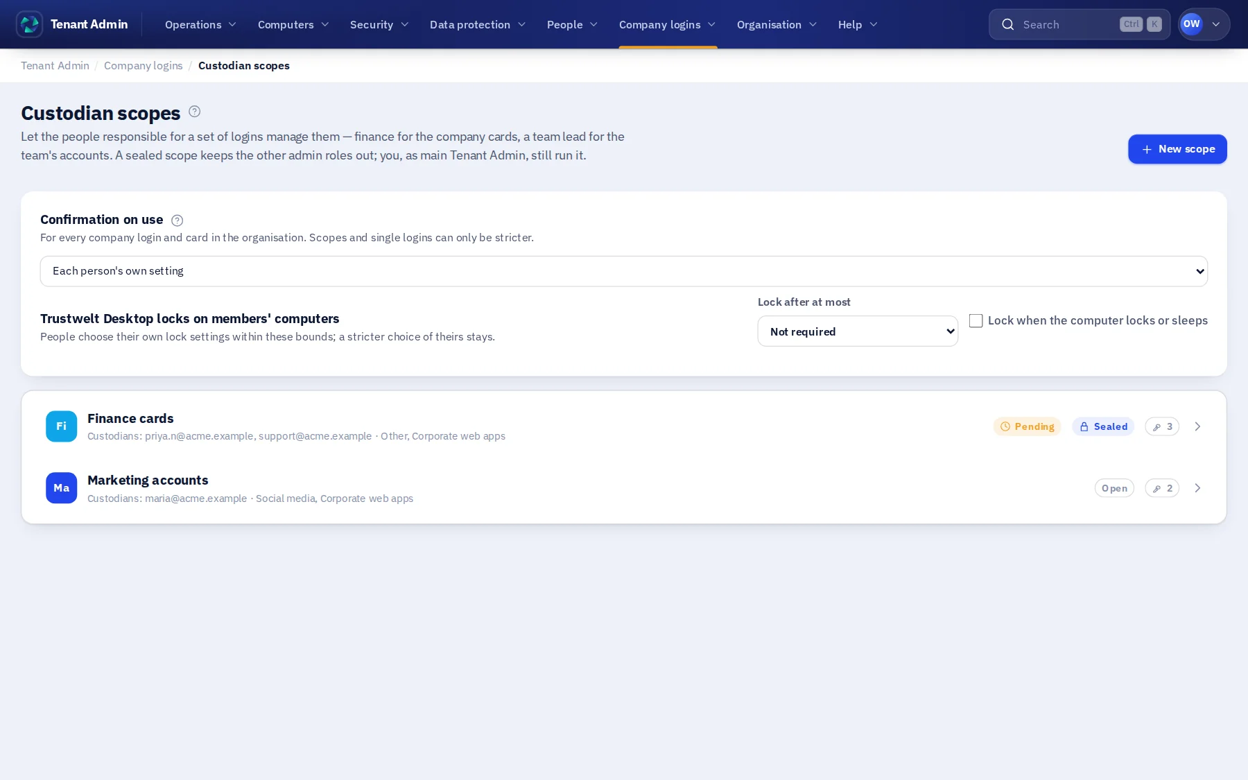 Custodian scopes in Tenant Admin: Finance cards, sealed, with two custodians and a pending change; Marketing accounts, open, with one custodian.