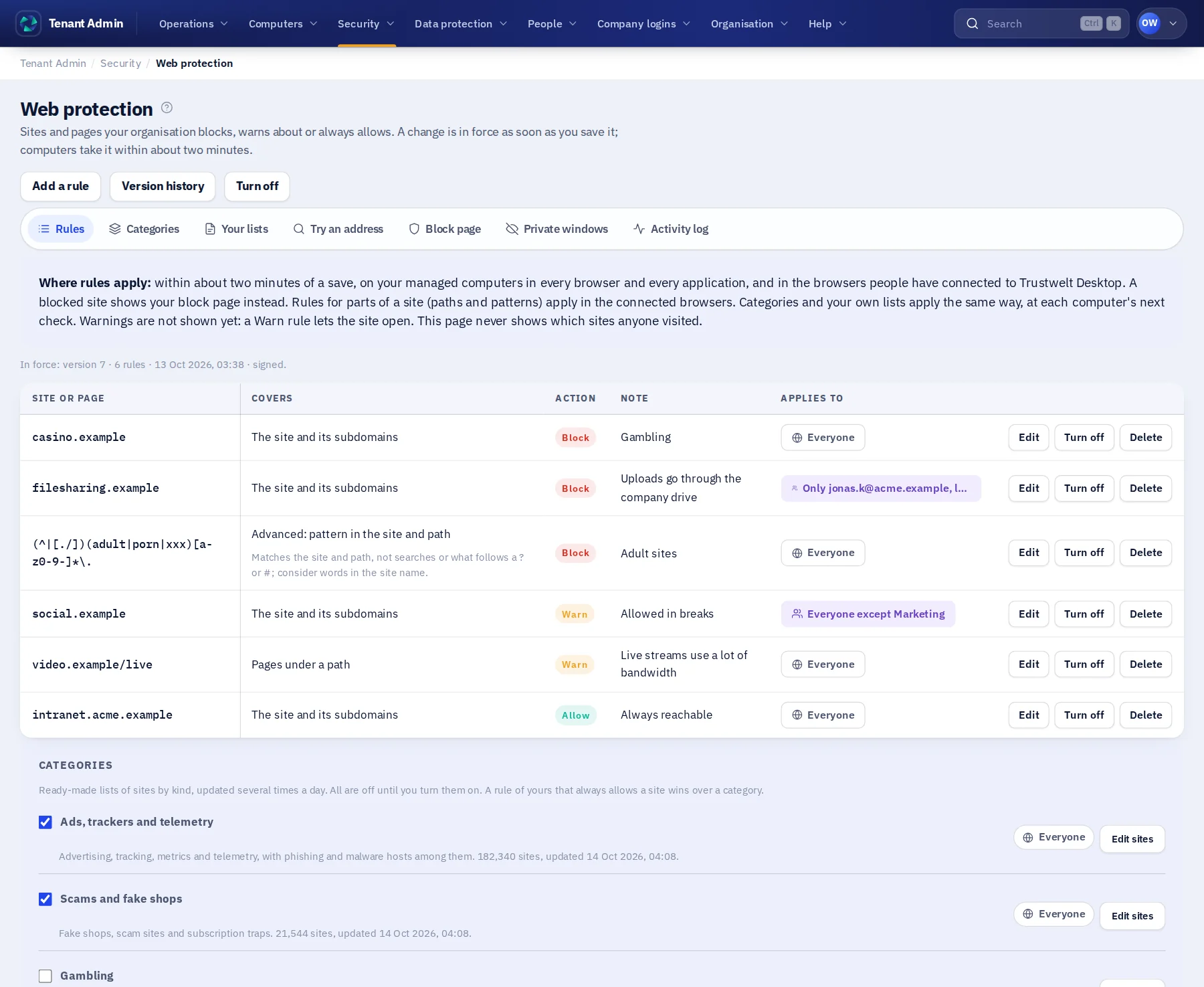 Web protection in Tenant Admin: block, warn and allow rules, a box to try an address, and the organisation's own block page as people will see it.